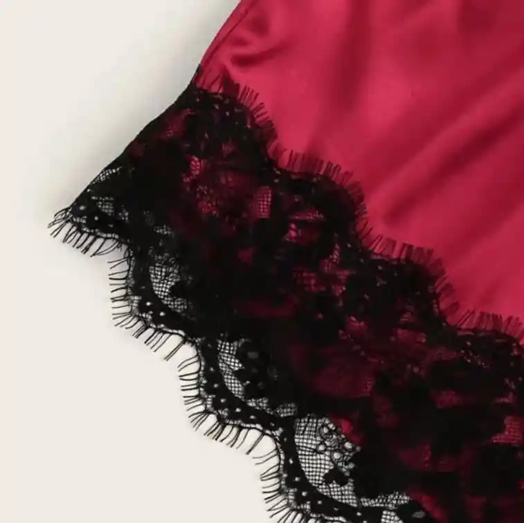 Pijama Vino Short Pantaloneta Satín Y Bralette Encaje