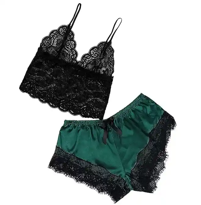 Pijama Verde Short Pantaloneta Satín Y Bralette Encaje