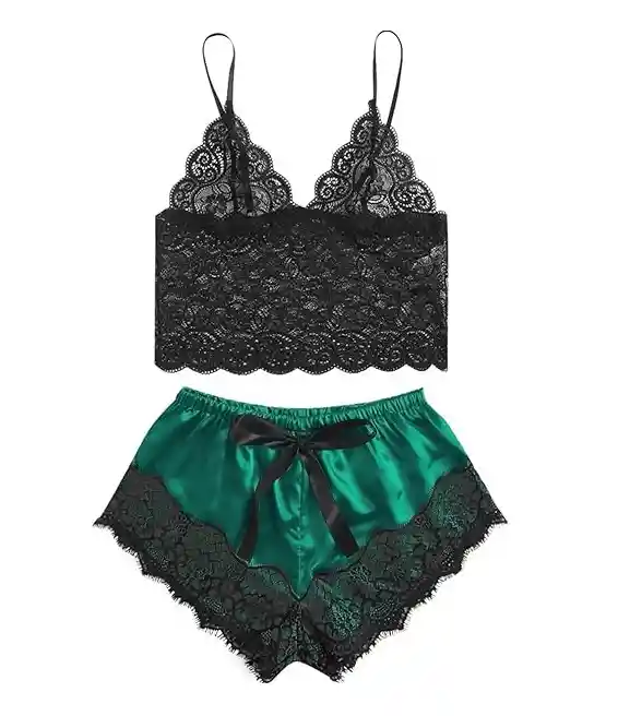 Pijama Verde Short Pantaloneta Satín Y Bralette Encaje