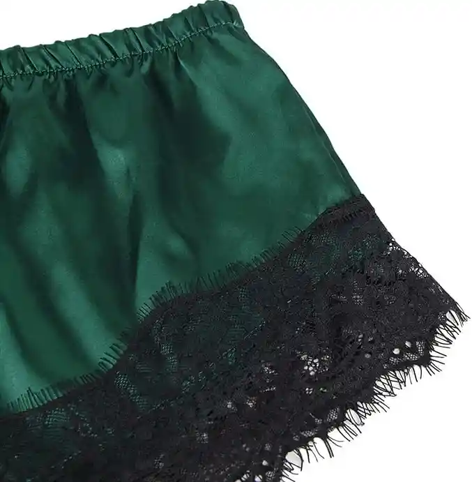 Pijama Verde Short Pantaloneta Satín Y Bralette Encaje