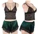 Pijama Verde Short Pantaloneta Satín Y Bralette Encaje