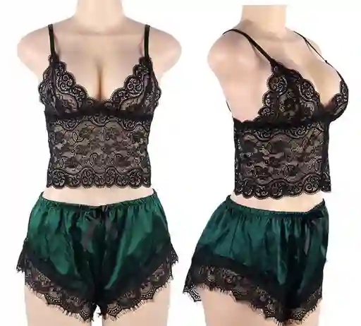 Pijama Verde Short Pantaloneta Satín Y Bralette Encaje