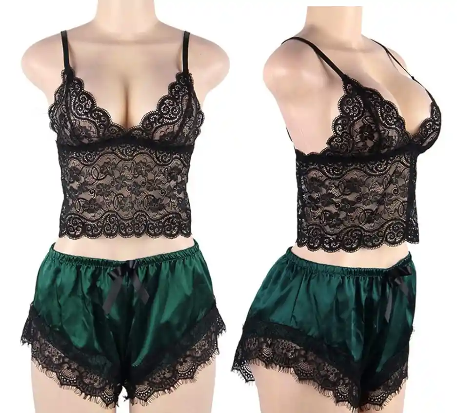 Pijama Verde Short Pantaloneta Satín Y Bralette Encaje