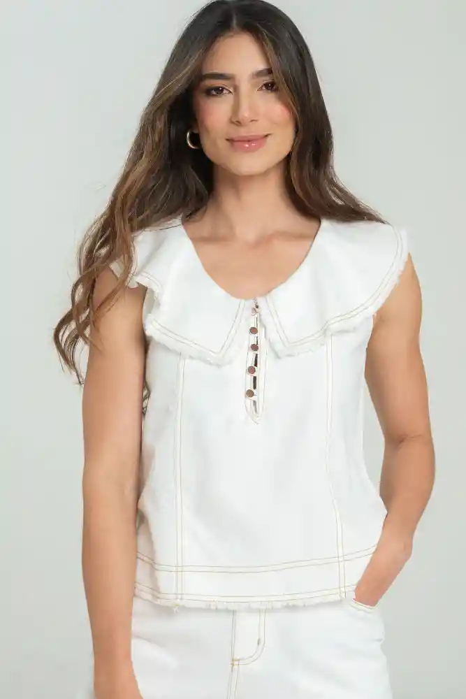 Blusa Atlantida Pespuntes Color Blanco Crudo Talla S