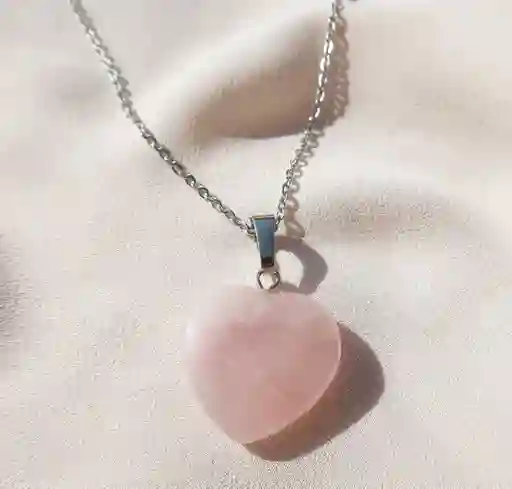 Collar Cuarzo Rosa Corazón Cadena Bañada Plata Ley 925
