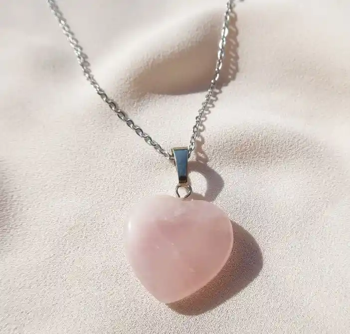 Collar Cuarzo Rosa Corazón Cadena Bañada Plata Ley 925