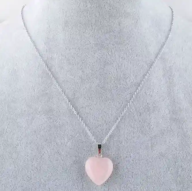 Collar Cuarzo Rosa Corazón Cadena Bañada Plata Ley 925