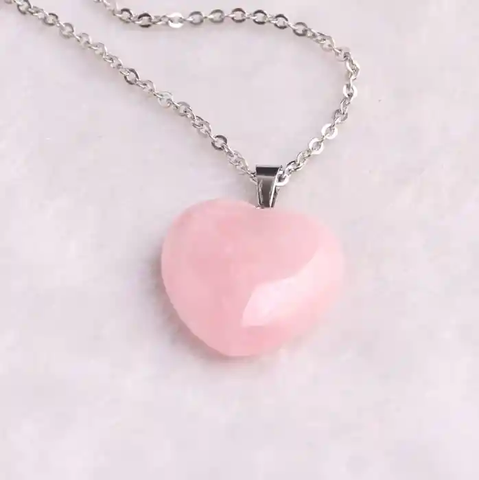 Collar Cuarzo Rosa Corazón Cadena Bañada Plata Ley 925