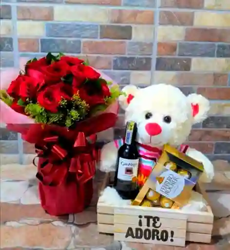 Caja Sorpresa Peluche, Rosas, Chocolate Y Vino