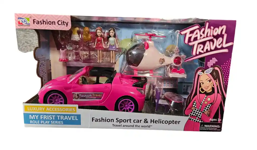 Carro Deportivo Fashion Travel Con Helicoptero Y Accesorios