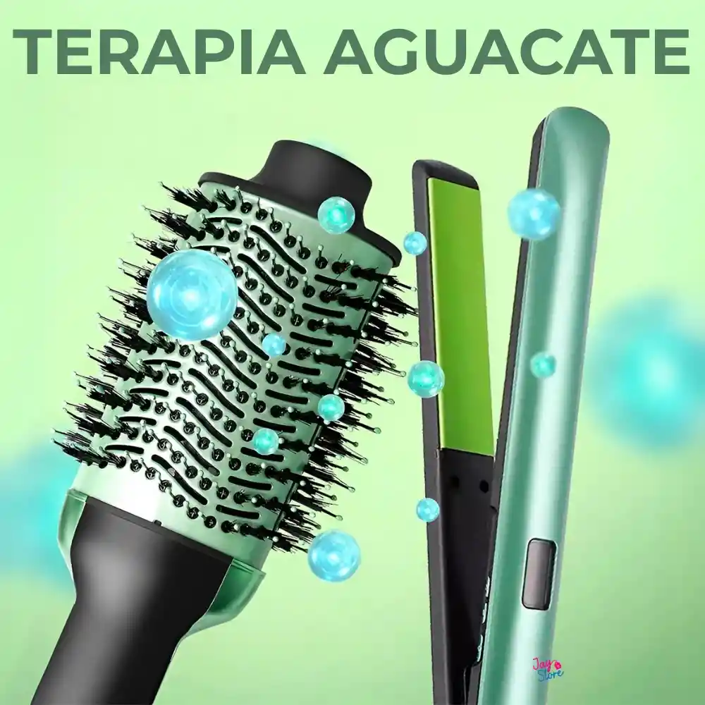 Plancha Alisadora + Cepillo Secador De Cabellos Aguacate