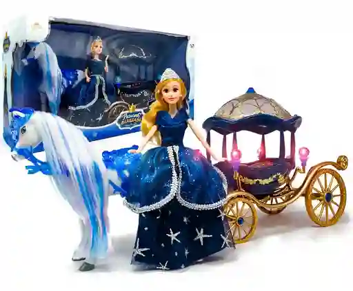 Muñeca Princesa Con Caballo Y Carruaje Mágico Azul Oscuro