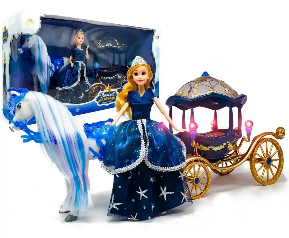 Muñeca Princesa Con Caballo Y Carruaje Mágico Azul Oscuro