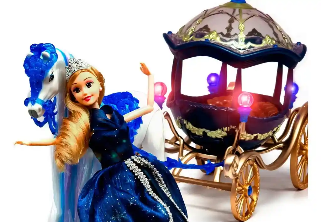 Muñeca Princesa Con Caballo Y Carruaje Mágico Azul Oscuro