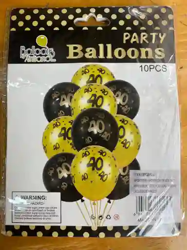 Party Balloons - Age 40. 10 Globos. Negro Y Dorado.