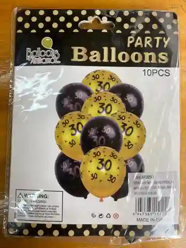 Party Balloons - Age 30. 10 Globos. Negro Y Dorado.