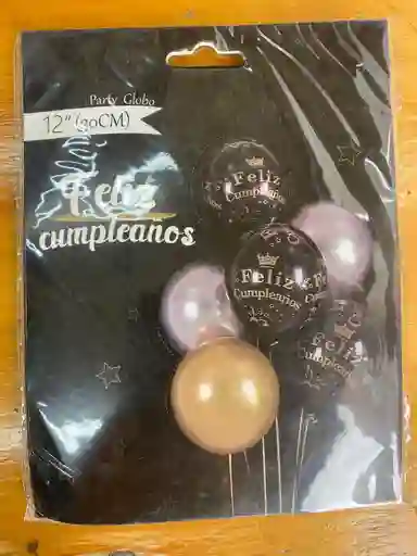 Fiesta Globos - Feliz Cumpleaños - 6 Globos. 12¨ 30cm. Negro, Plateado, Y Dorado.