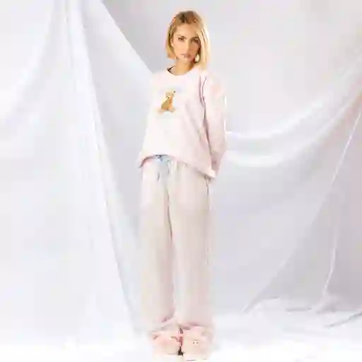 Pijama Con Buzo Velvet, Pantalón Estampado De Rayas- Talla S Rosado