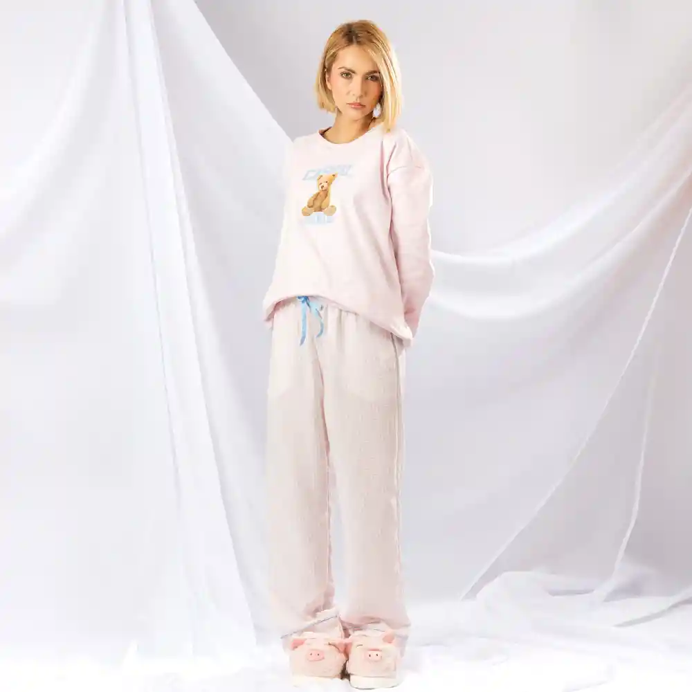 Pijama Con Buzo Velvet, Pantalón Estampado De Rayas- Talla S Rosado