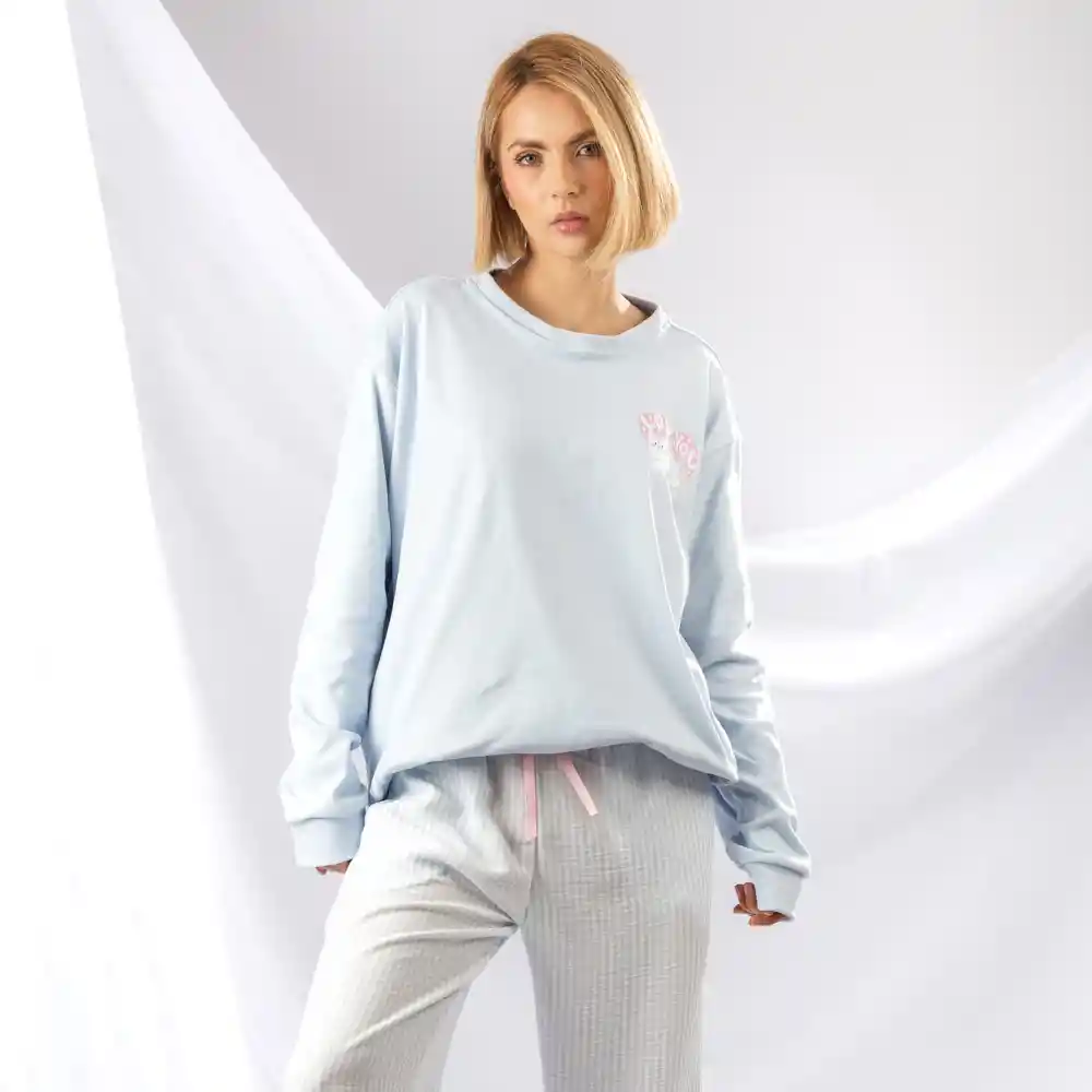 Pijama Con Buzo Velvet, Pantalón Estampado De Rayas- Talla M Azul