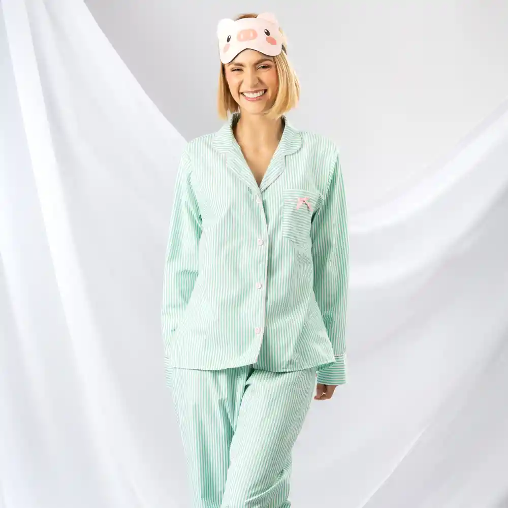 Pijama Dos Piezas En Tejido Plano Con Botones- Talla L Verde