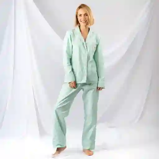 Pijama Dos Piezas En Tejido Plano Con Botones- Talla L Verde