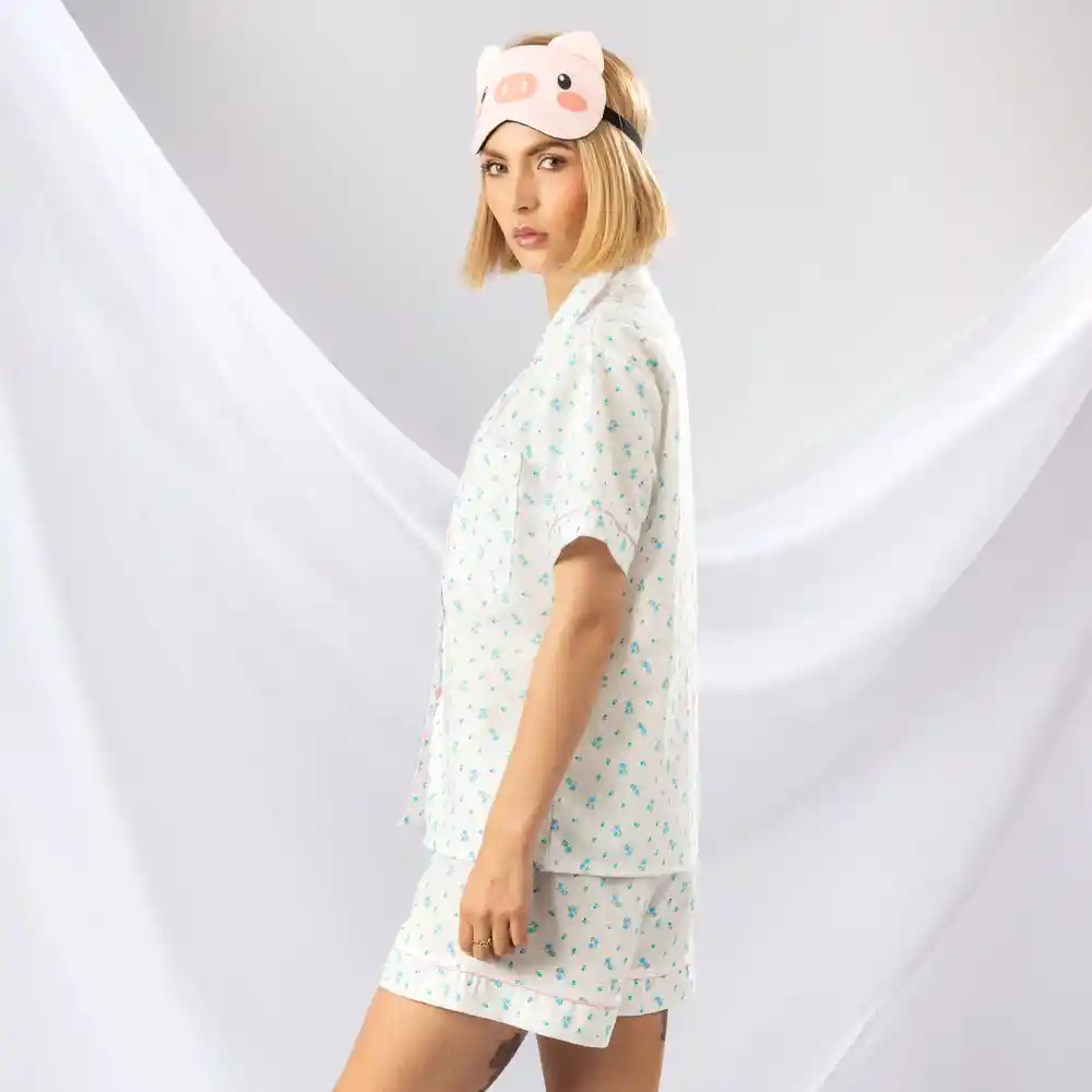 Pijama De Short Y Camiseta Estampada De Flores, Talla S Azul