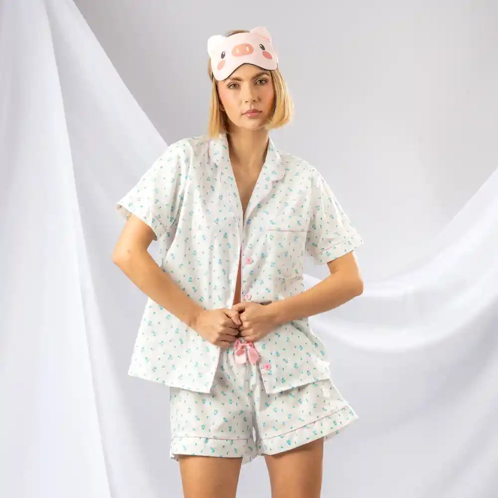 Pijama De Short Y Camiseta Estampada De Flores, Talla L Azul