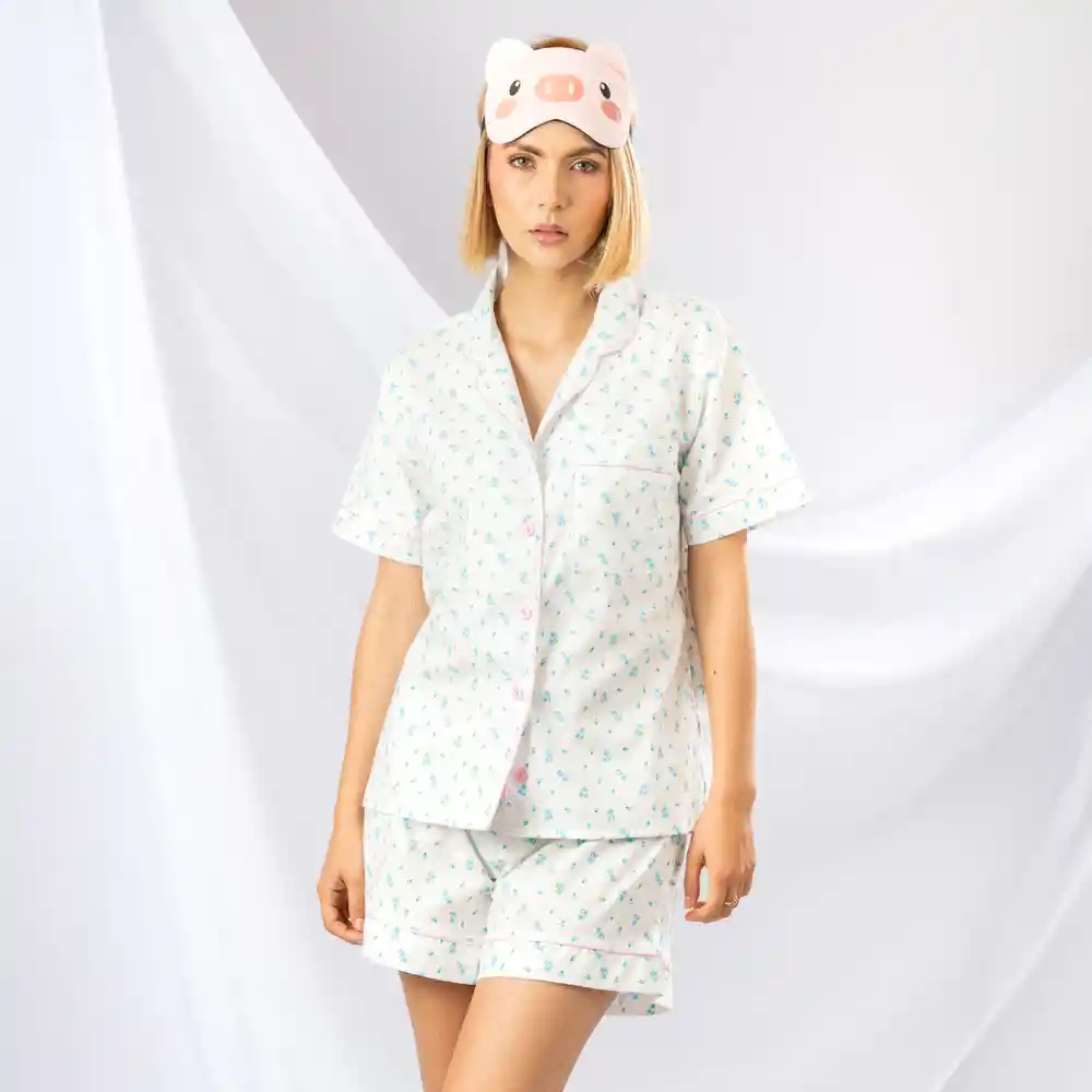 Pijama De Short Y Camiseta Estampada De Flores, Talla L Azul