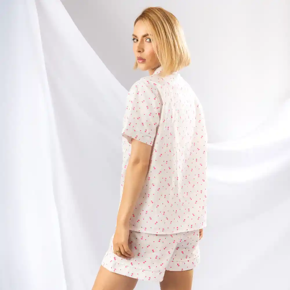 Pijama De Short Y Camiseta Estampada De Flores, Talla L Rosado