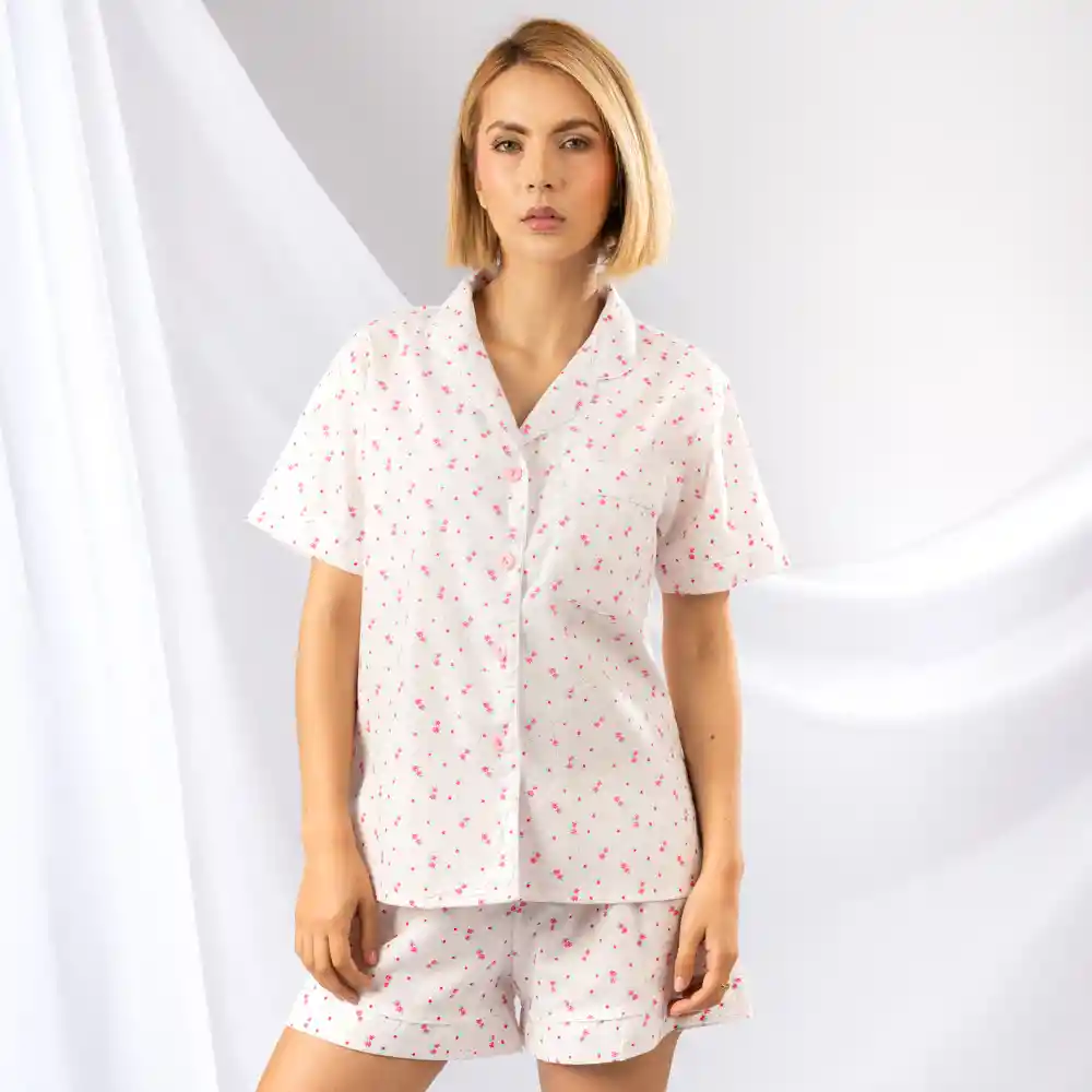 Pijama De Short Y Camiseta Estampada De Flores, Talla L Rosado
