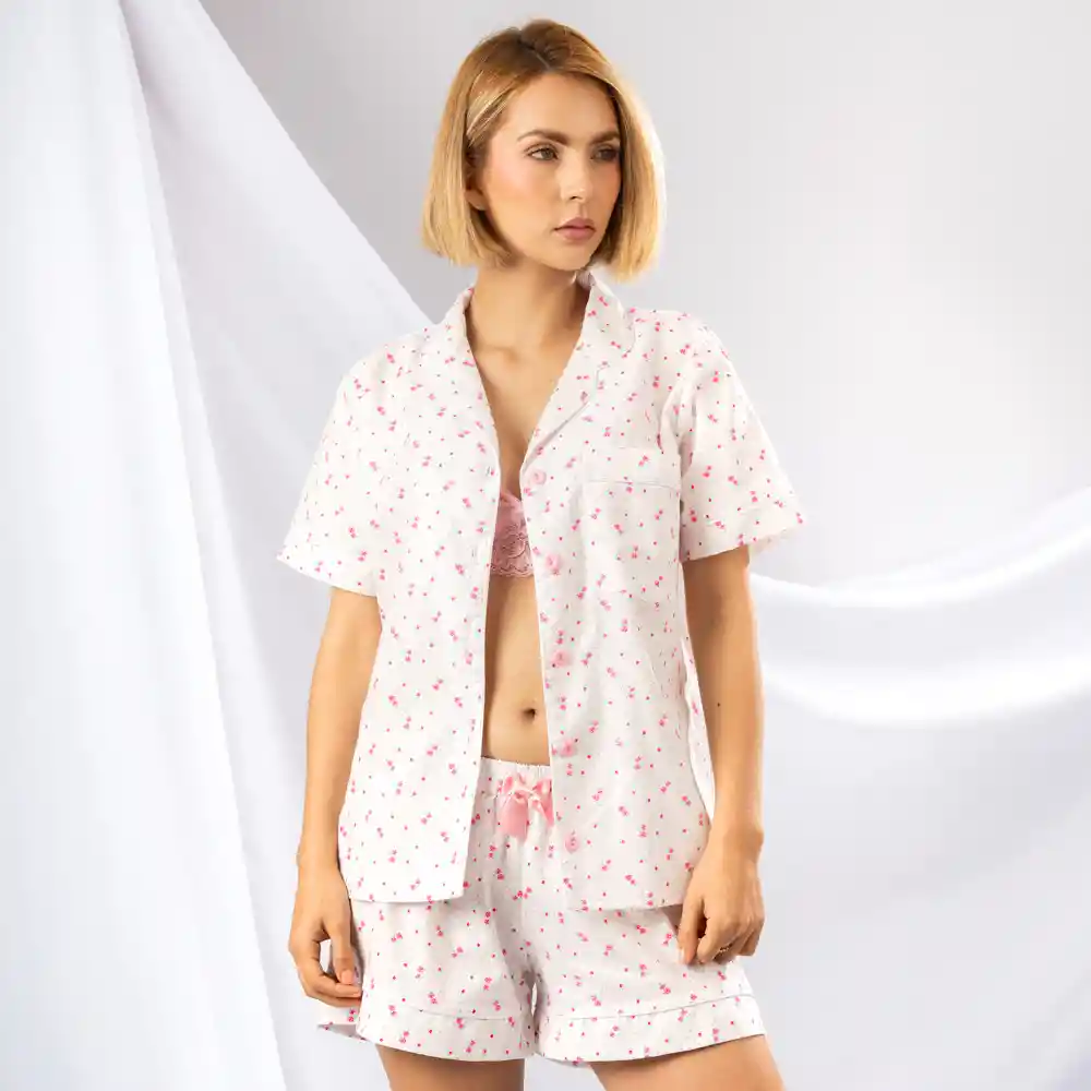 Pijama De Short Y Camiseta Estampada De Flores, Talla L Rosado