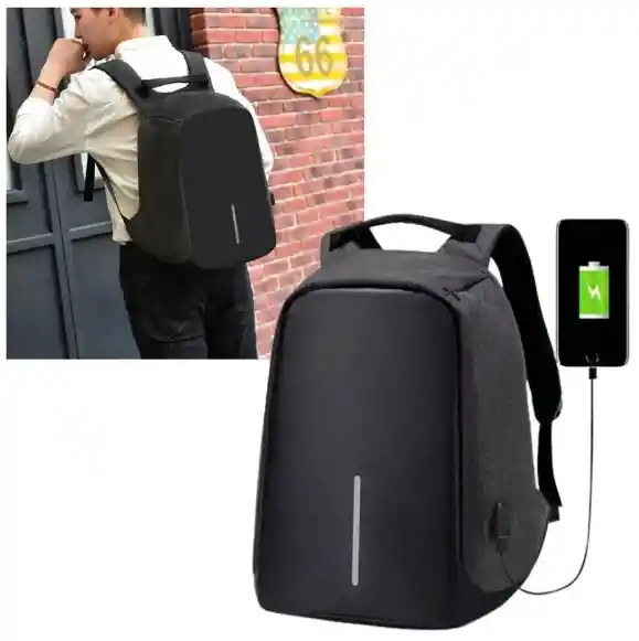 Mochila Antirrobo Impermeable Con Puerto Usb Negro