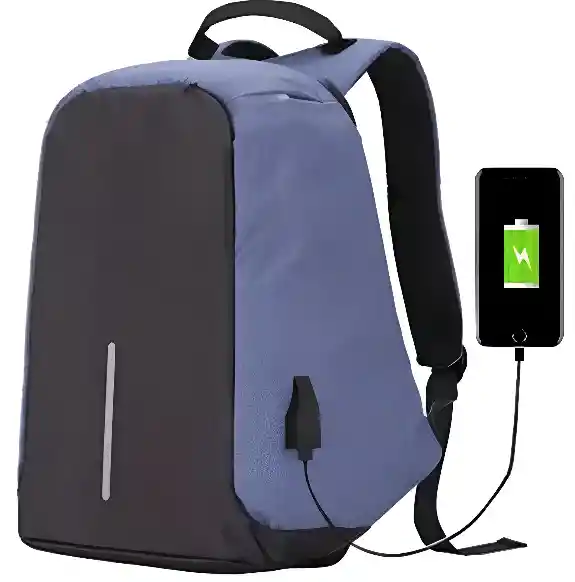 Mochila Antirrobo Impermeable Con Puerto Usb Azul