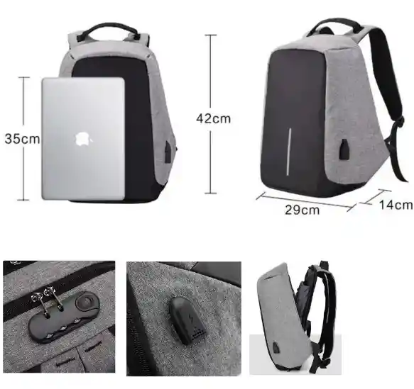 Mochila Antirrobo Impermeable Con Puerto Usb Gris