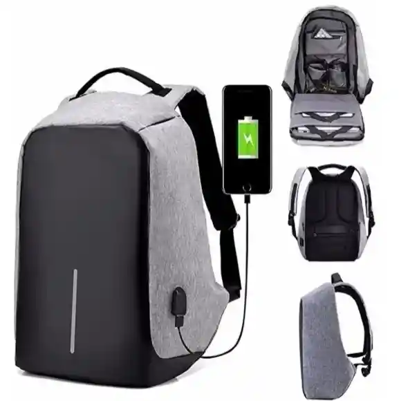 Mochila Antirrobo Impermeable Con Puerto Usb Gris