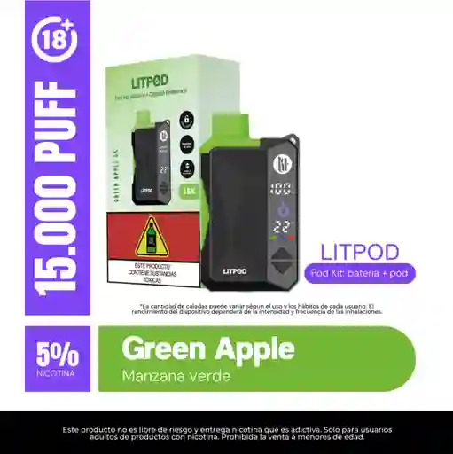 Vape Lit Green Apple 15.000 Puffs Kit Bateria Y Pod