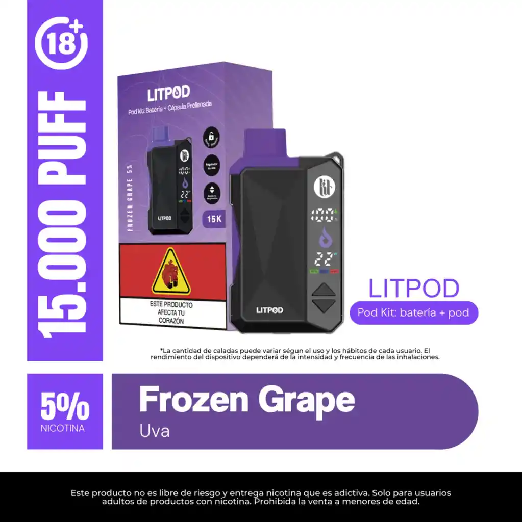Vape Lit Frozen Grape 15.000 Puffs Kit Bateria Y Pod
