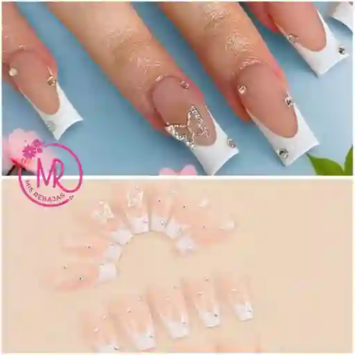 Set 24 Unidades De Uñas Postizas Francesas Decoradas Listas Para Usar
