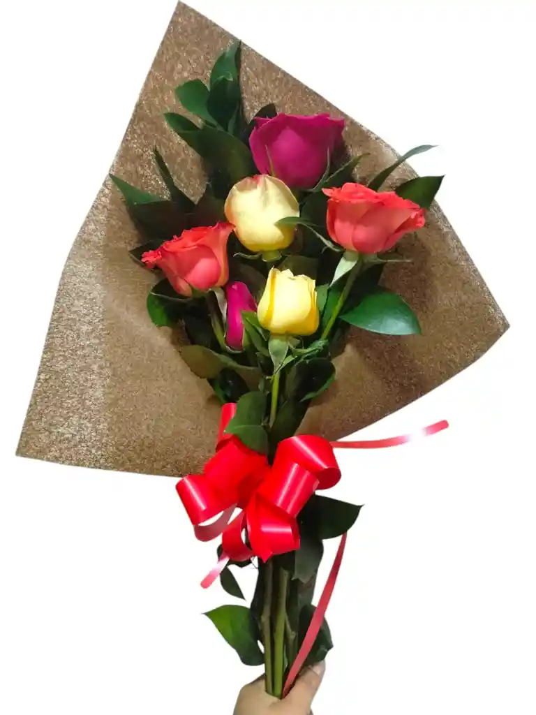 Bouquet De 6 Rosas De Colores Follaje Verde
