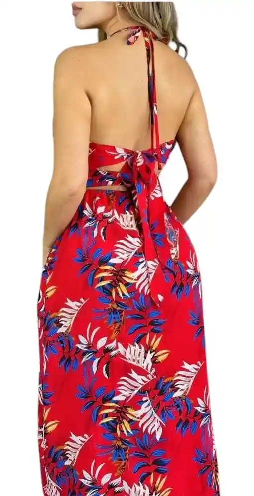 Vestido Largo De Verano S/m Casual De Vacaciones Con Cuello En V Profundo, Estampado De Hojas Divididas, Vestido Halter De Vacaciones En La Playa Para Mujeres