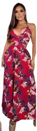 Vestido Largo De Verano S/m Casual De Vacaciones Con Cuello En V Profundo, Estampado De Hojas Divididas, Vestido Halter De Vacaciones En La Playa Para Mujeres