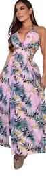 Vestido Largo De Verano Casual De Vacaciones Con Cuello En V Profundo, Estampado De Hojas Divididas, Vestido Halter De Vacaciones En La Playa Para Mujeres