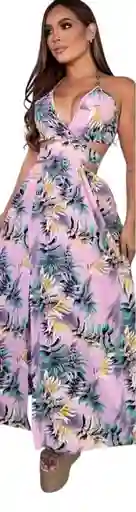 Vestido Largo De Verano Casual De Vacaciones Con Cuello En V Profundo, Estampado De Hojas Divididas, Vestido Halter De Vacaciones En La Playa Para Mujeres