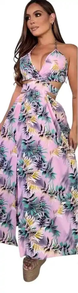 Vestido Largo De Verano Casual De Vacaciones Con Cuello En V Profundo, Estampado De Hojas Divididas, Vestido Halter De Vacaciones En La Playa Para Mujeres