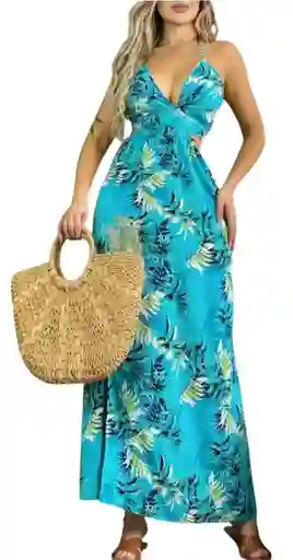 Vestido Largo De Verano L/xlcasual De Vacaciones Con Cuello En V Profundo, Estampado De Hojas Divididas, Vestido Halter De Vacaciones En La Playa Para Mujeres