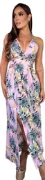 Vestido Largo De Verano L/xl Casual De Vacaciones Con Cuello En V Profundo, Estampado De Hojas Divididas, Vestido Halter De Vacaciones En La Playa Para Mujeres