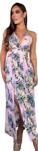Vestido Largo De Verano L/xl Casual De Vacaciones Con Cuello En V Profundo, Estampado De Hojas Divididas, Vestido Halter De Vacaciones En La Playa Para Mujeres