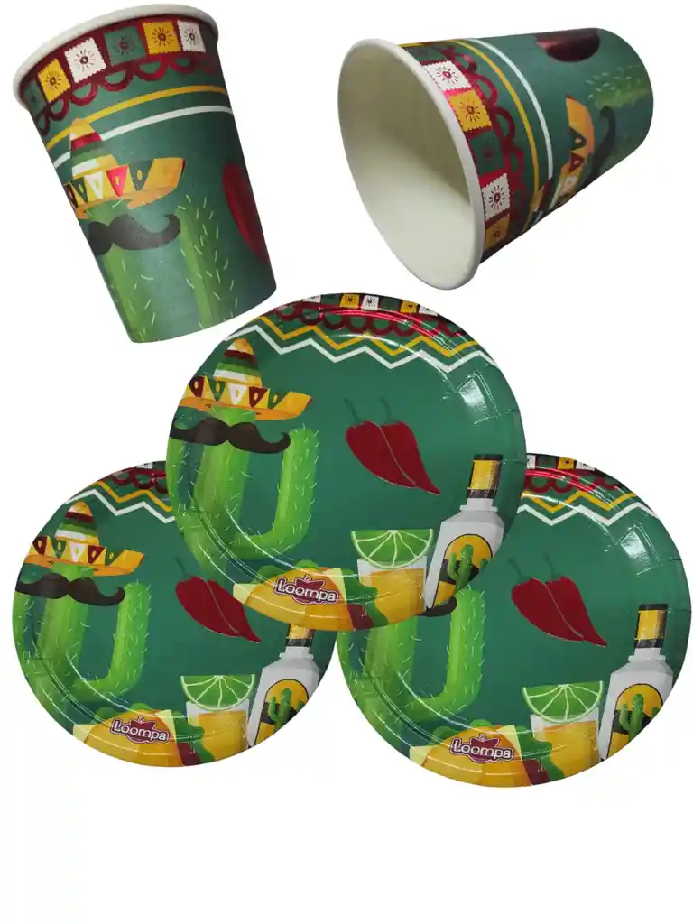 10 Platos Torta10 Vasos Desechables Fiesta Mexicana Cactus