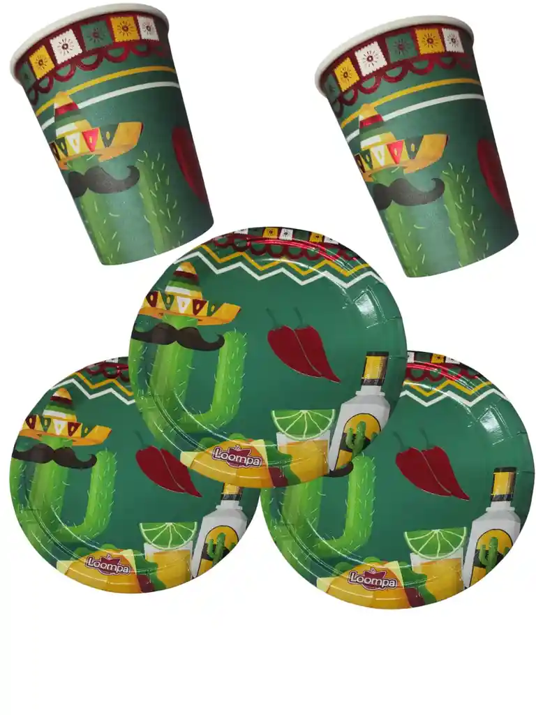 10 Platos Torta10 Vasos Desechables Fiesta Mexicana Cactus